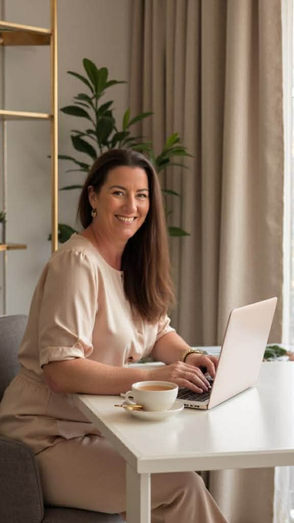 Kathryn smiling while working at a desk